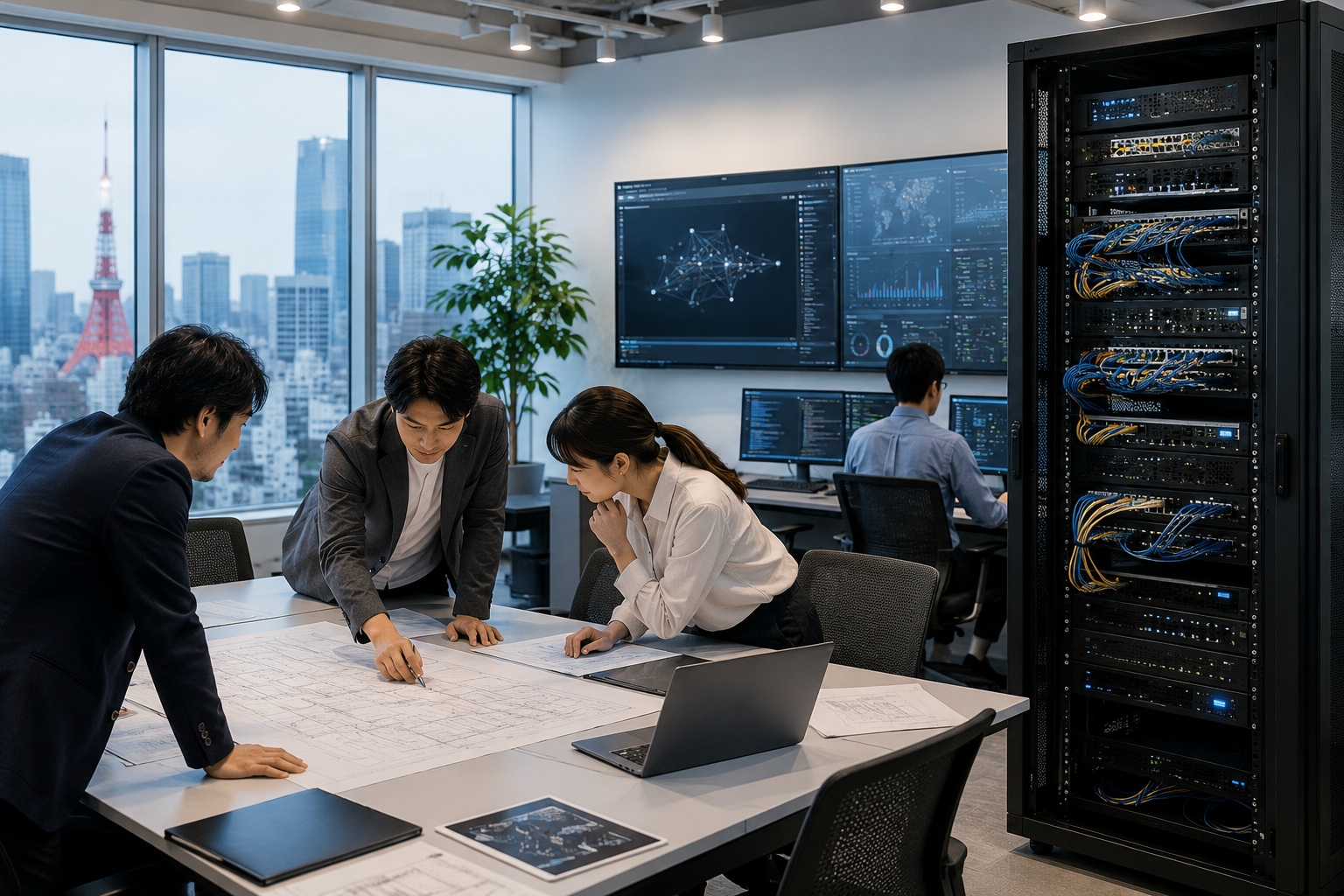 Engineering team collaborating in a modern Tokyo office